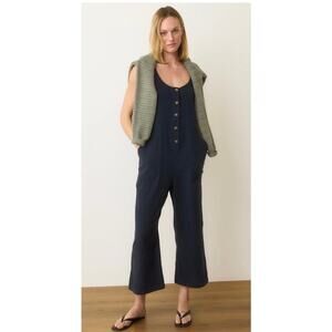 Self Contrast 100% Linen Navy Button Front Wide Leg Jumpsuit M NWT